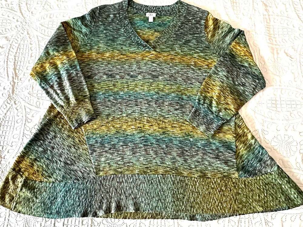 LOGO by Goldstein Sweater Green Multicolor V-Neck Tunic 3X